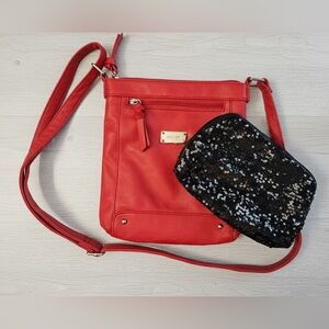 Nine West 2 Bag Bundle: Red Crossbody & Silver Sequin Clutch